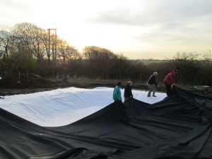 laying out the pond liner Photo by Fred Izzett